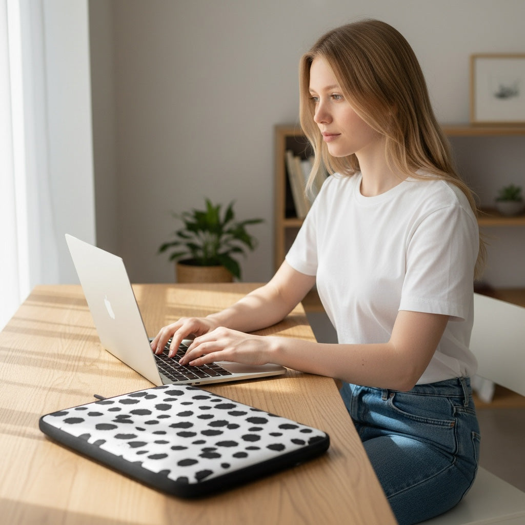 Woman using a laptop at a desk with a polka dot sleeve on a wooden table.