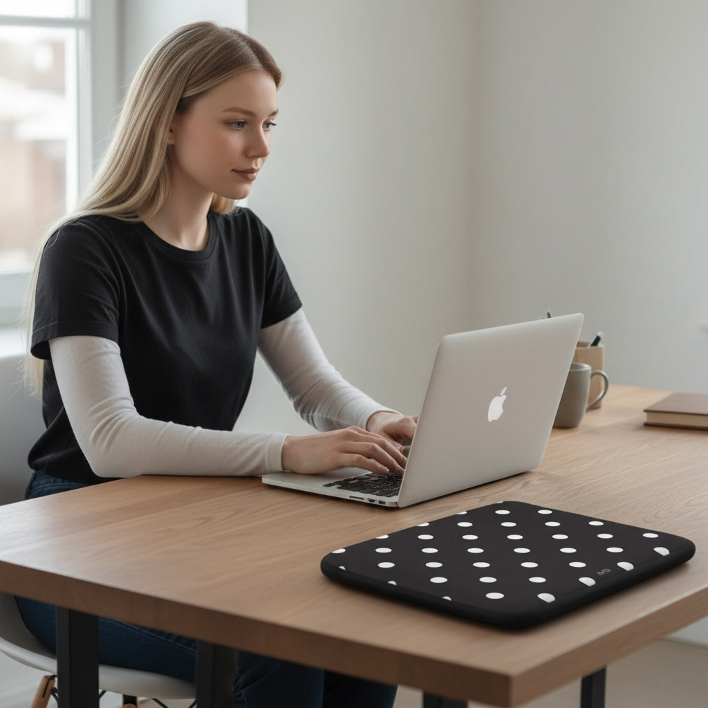 Woman using a laptop on a wooden table with a polka dot laptop sleeve