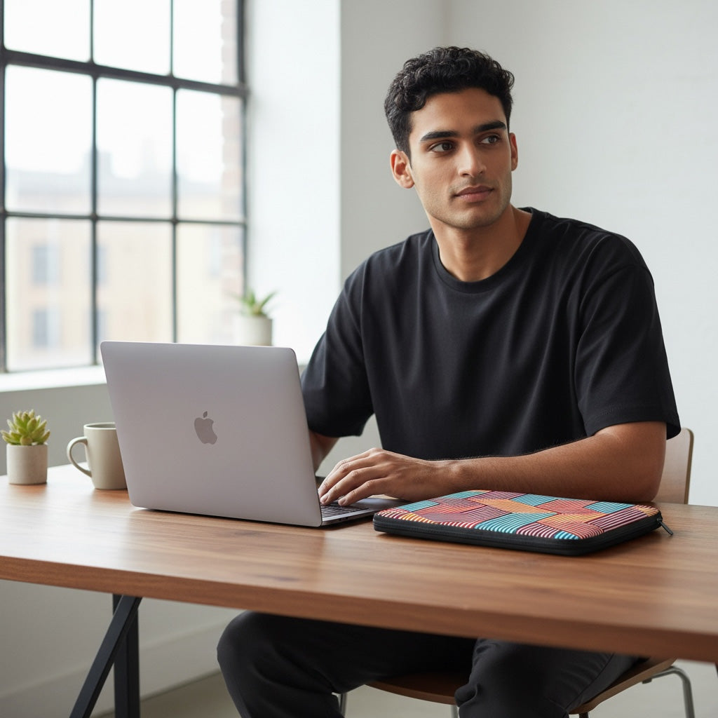 Man using a laptop at a desk with a colorful sleeve next to him