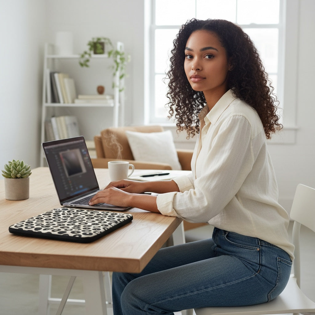 Woman using a laptop at a desk in a bright room with a white background