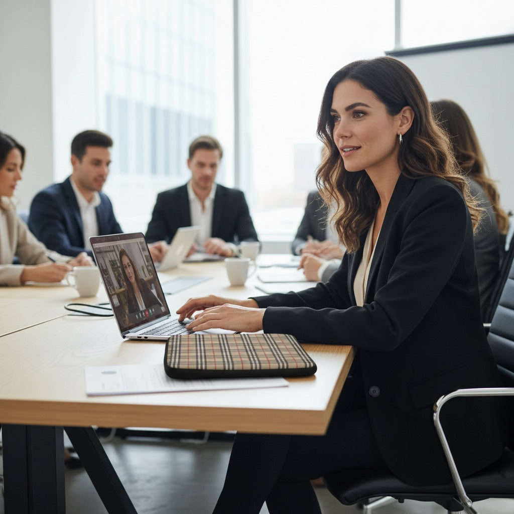 Woman sitting at a conference table with a laptop, surrounded by colleagues.