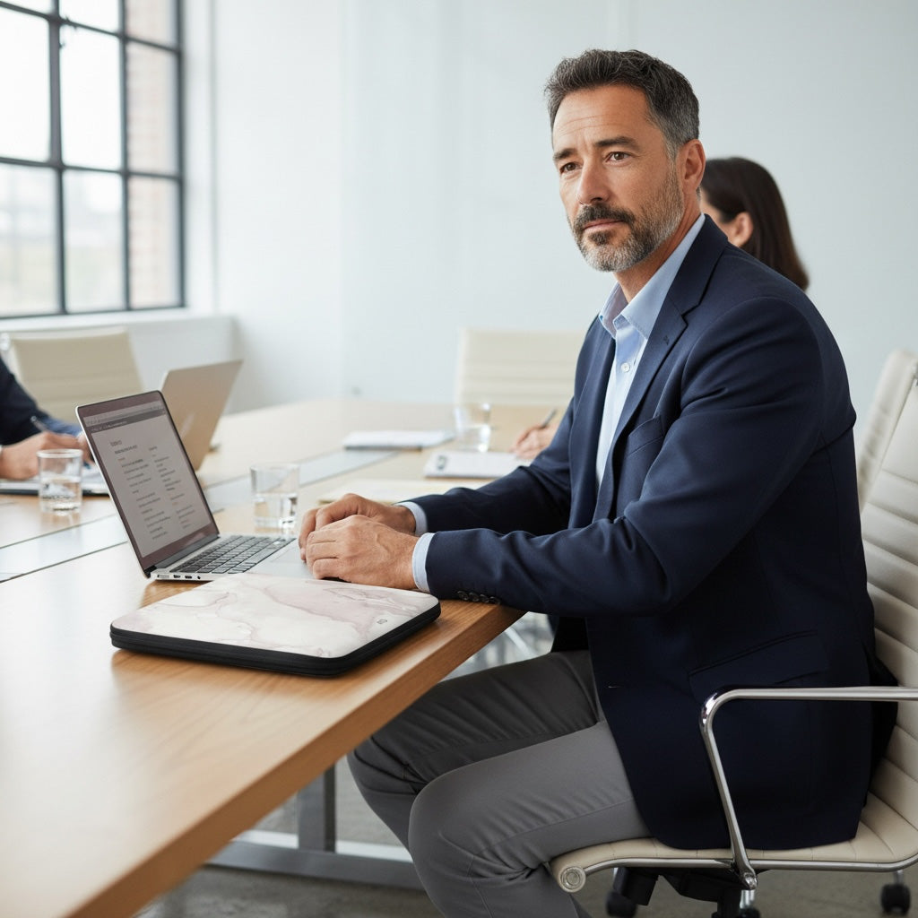 Man in a suit sitting at a conference table with a laptop