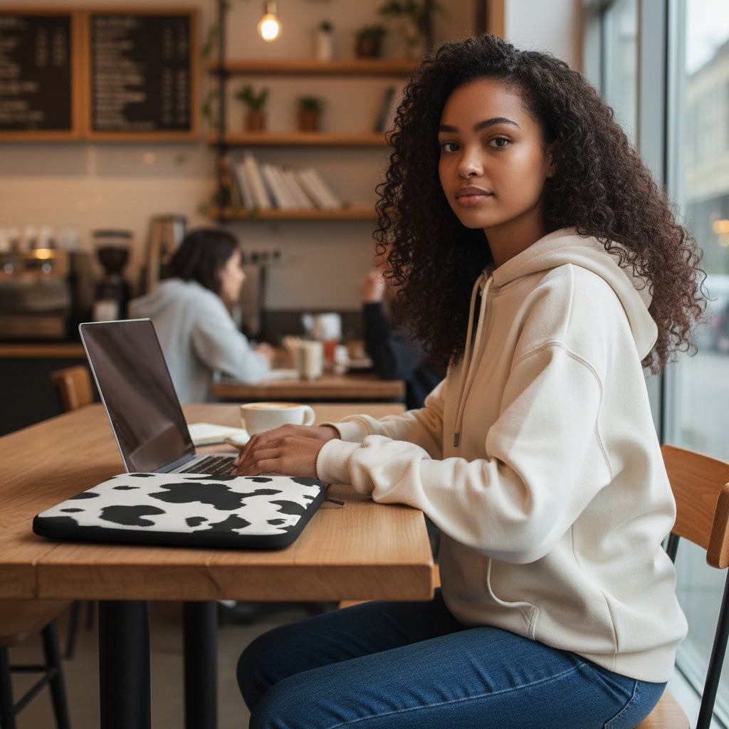 Woman sitting at a table with a laptop in a cafe