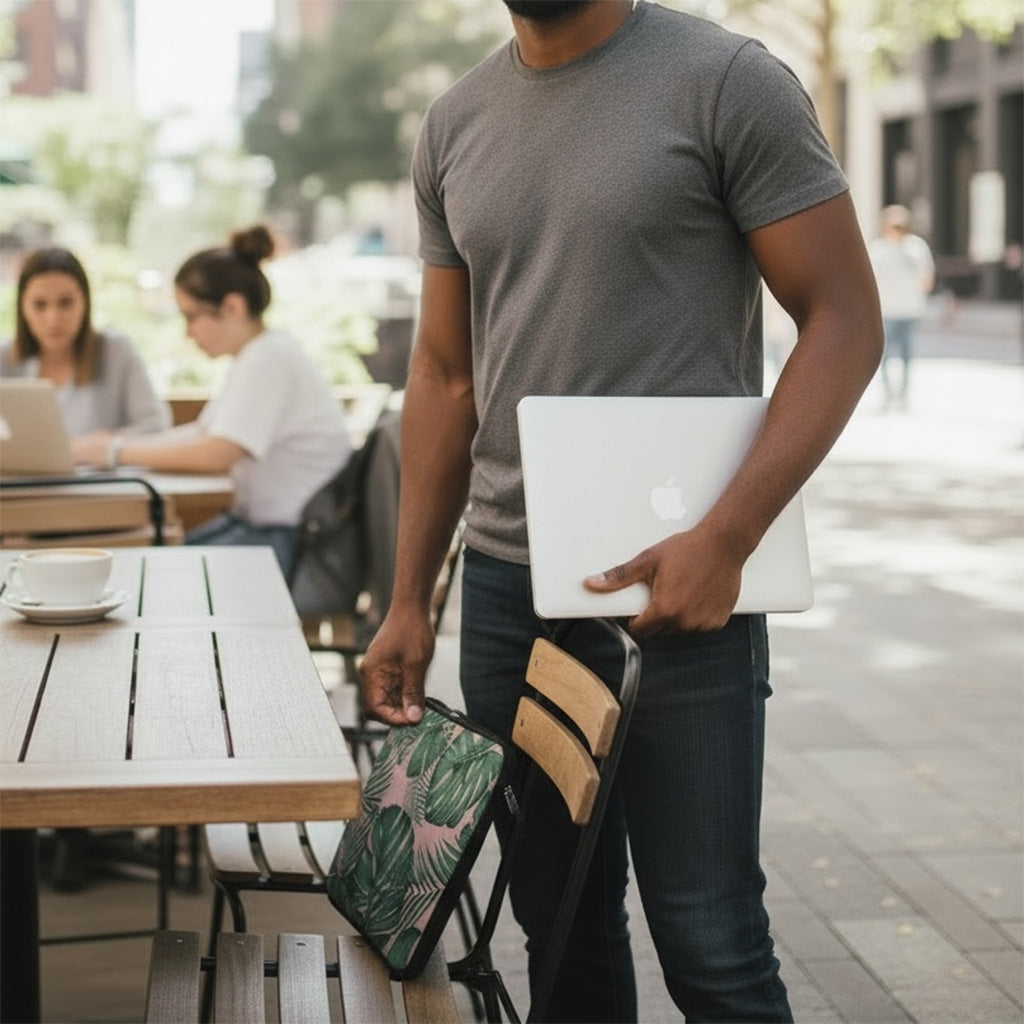 Man holding a laptop outdoors with people sitting at a table in the background