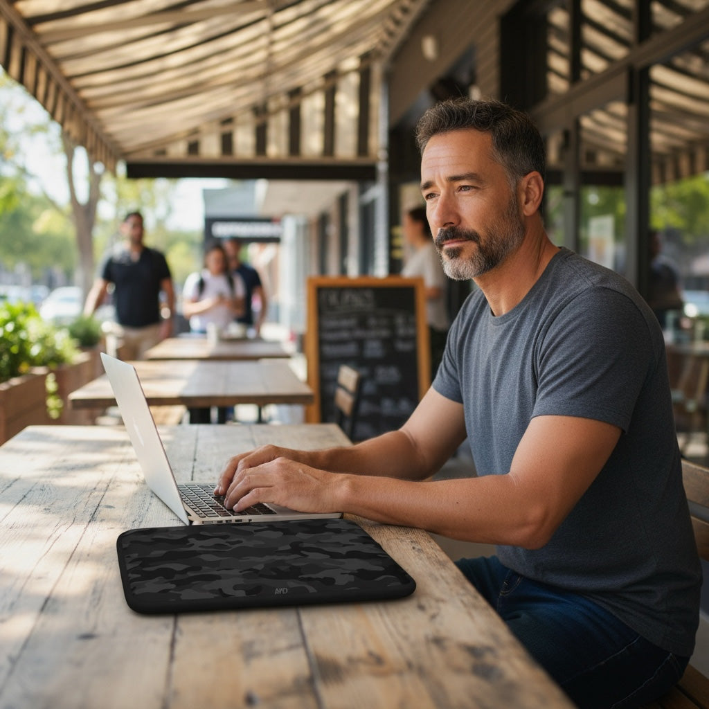 Man using a laptop at an outdoor cafe