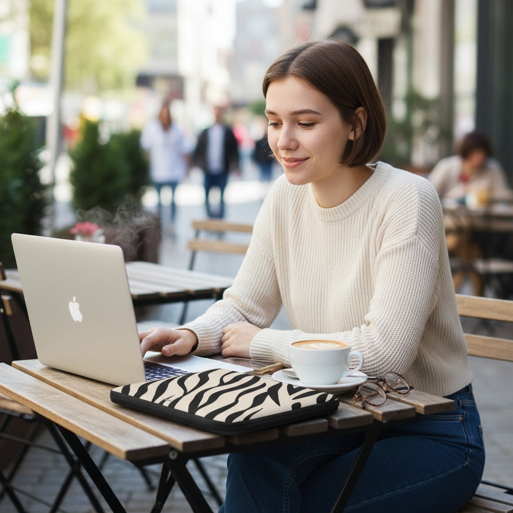 Woman using a laptop at an outdoor cafe with a cup of coffee.
