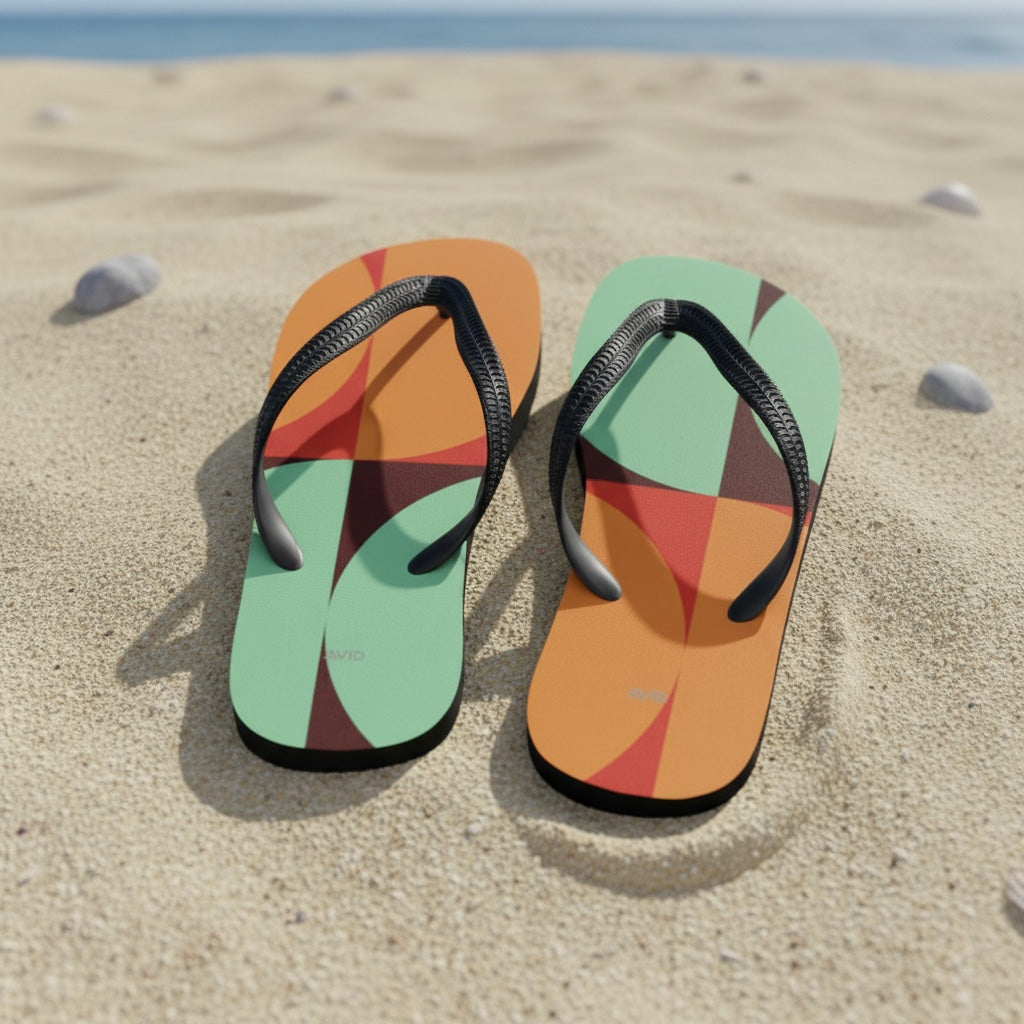 Colorful semi-circle print flip-flops on a sandy beach 