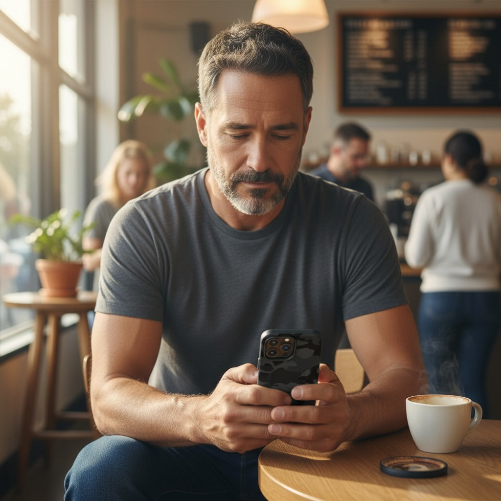 Man using iphone with stealth cover in a cafe with other patrons in the background