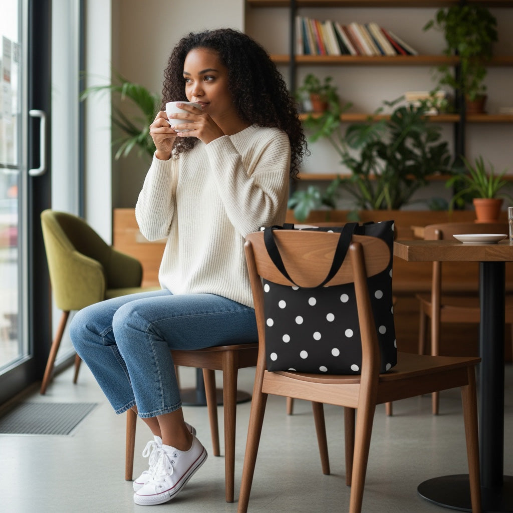 Woman sitting in a cafe, drinking coffee with a polka dot bag on the chair next to her.