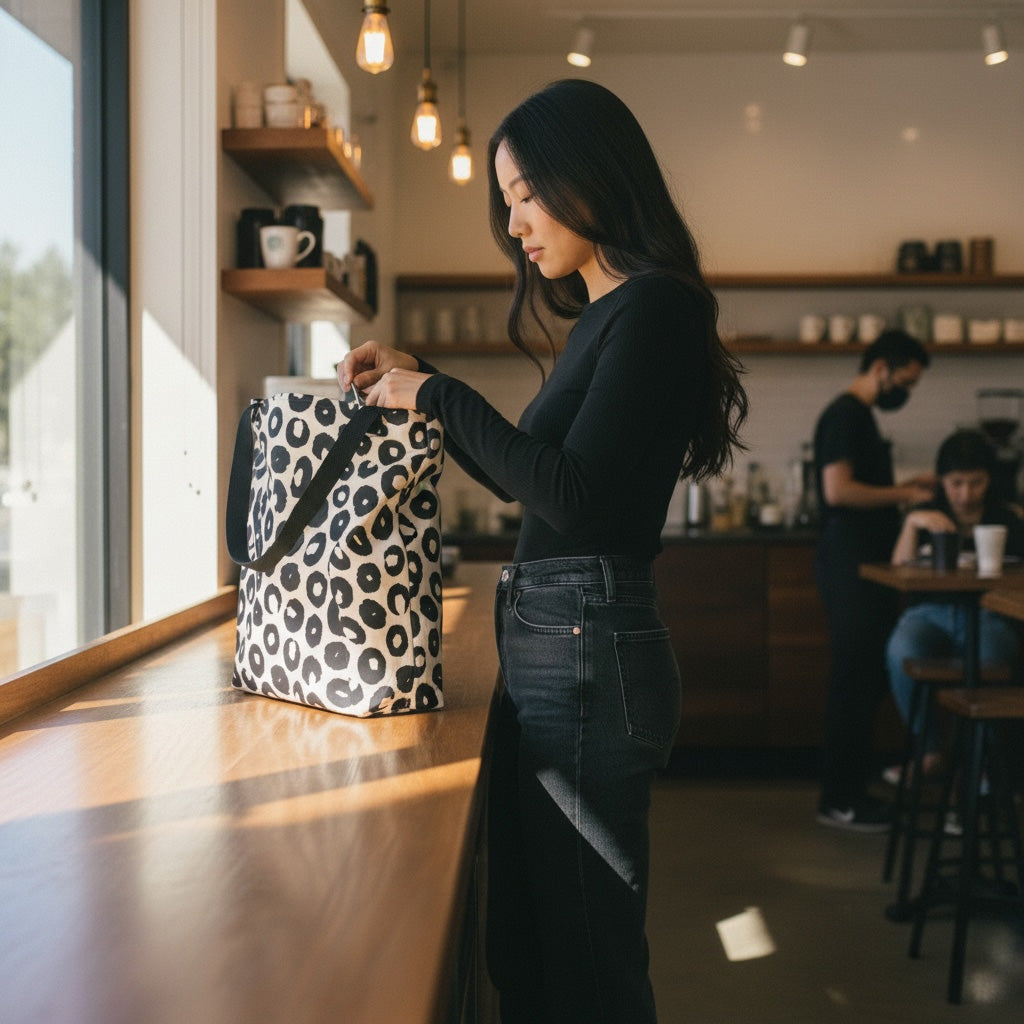 Woman in a cafe unpacking a leopard print bag
