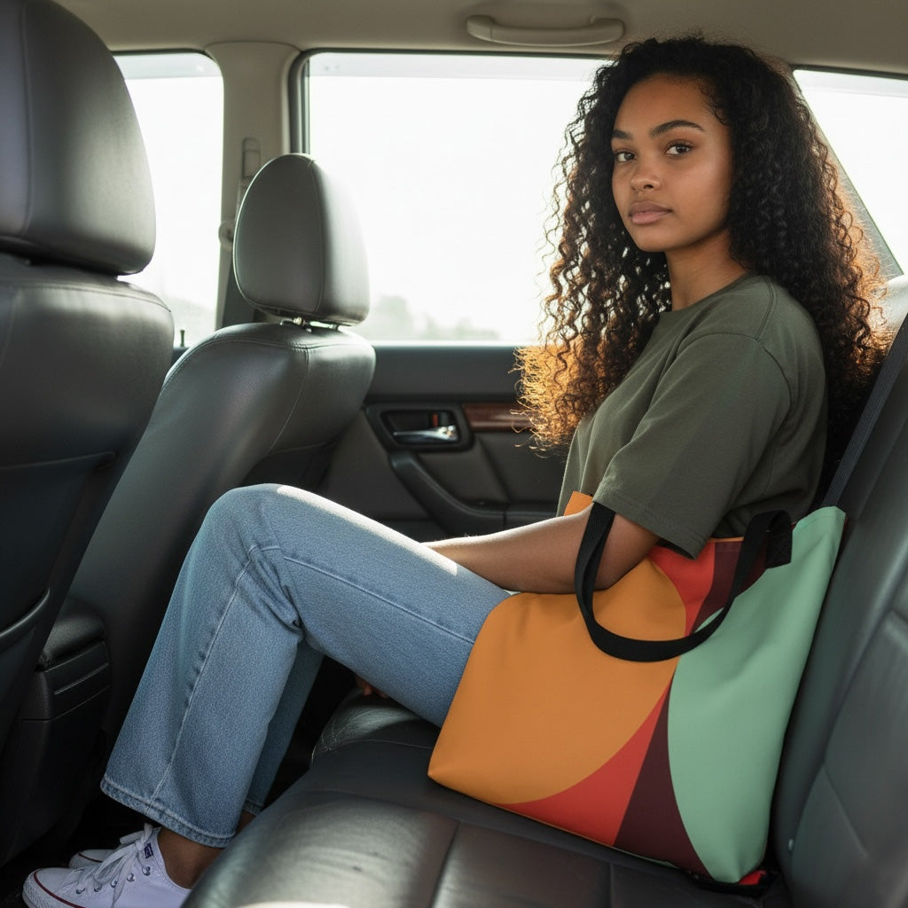 Woman sitting in a car with a colorful bag on her lap