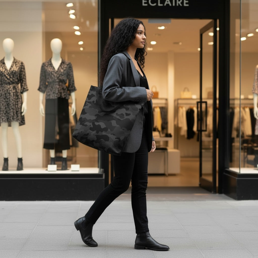 Woman walking past a store with mannequins wearing dresses, holding a stealth black tote bag.