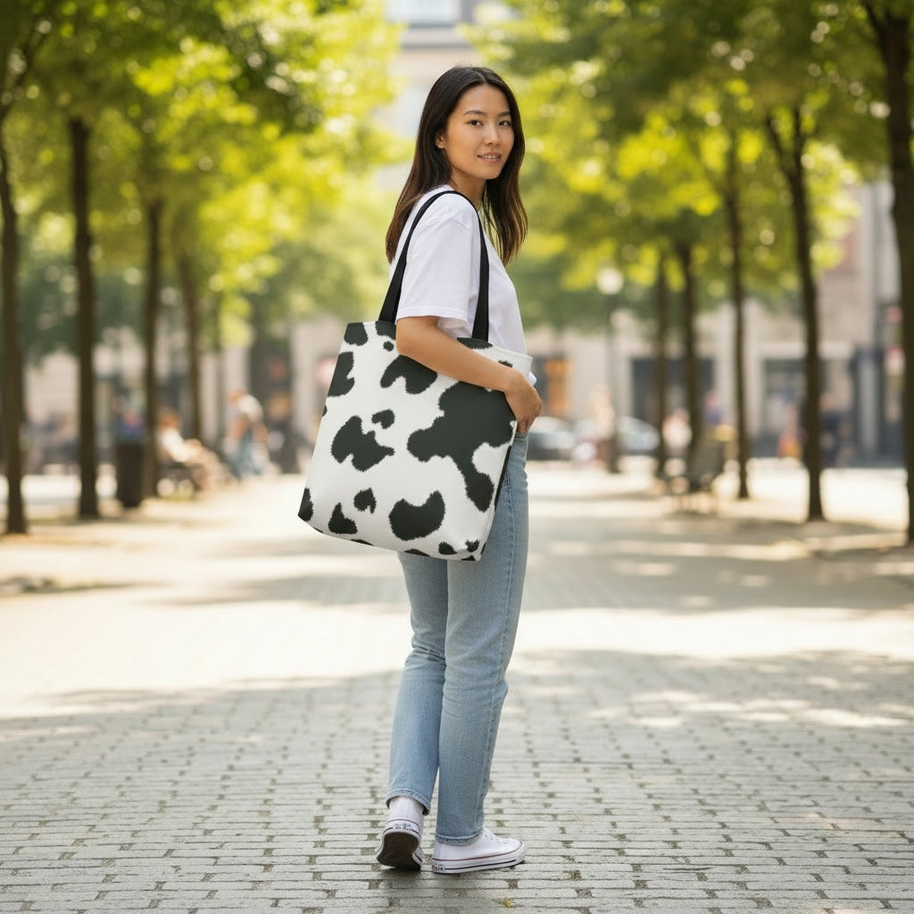 Woman holding a Moot cow print bag on a tree-lined street