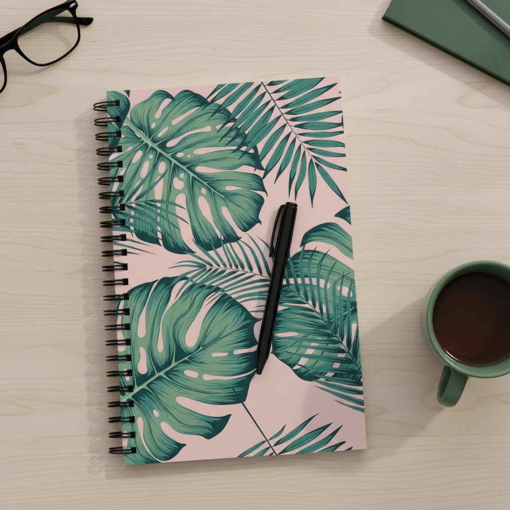 Notebook with tropical leaf design, pen, and coffee cup on a light surface