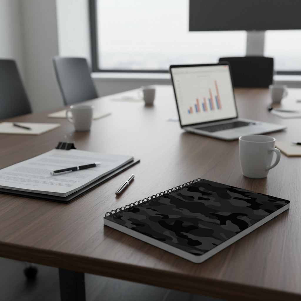 Modern office desk with laptop, Stealth notebook, and coffee cups in a bright room.