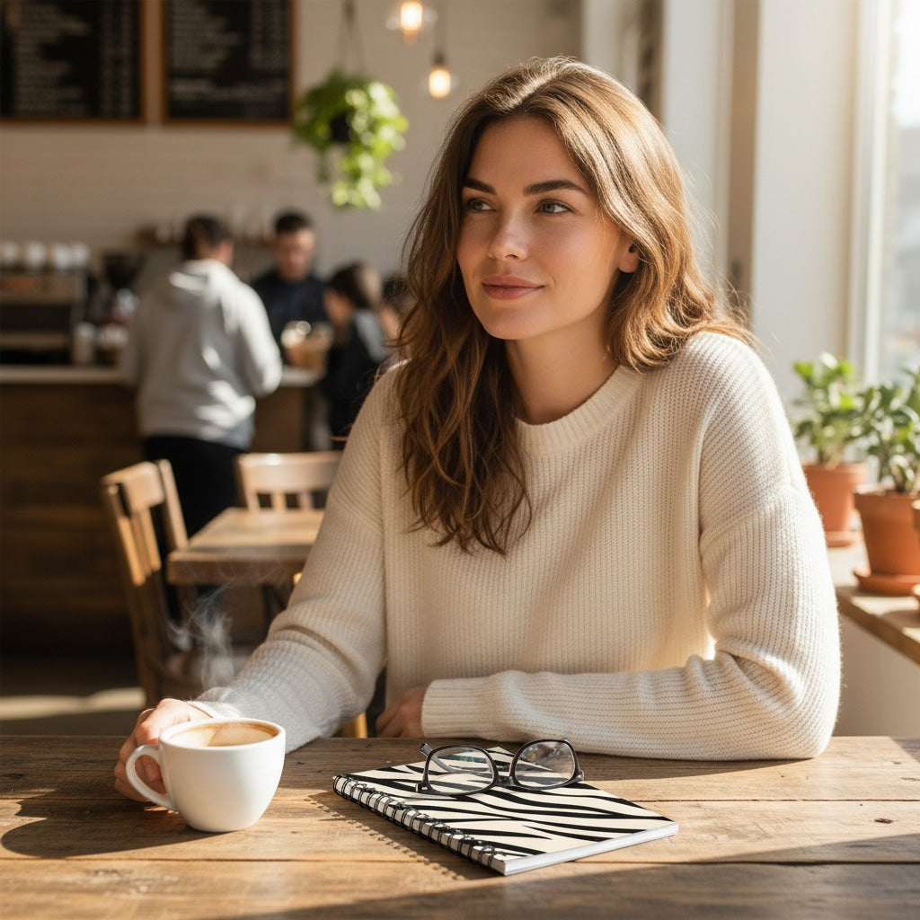 Woman sitting at a table in a cafe with a cup of coffee and Zebra notebook.