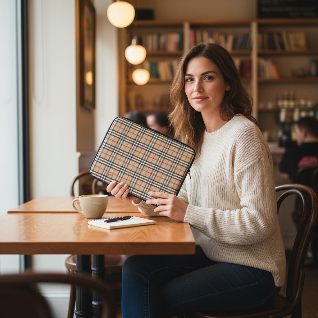 Woman holding a checkered laptop case in a cafe setting
