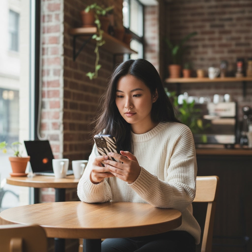 Woman using a smartphone in a cozy cafe setting