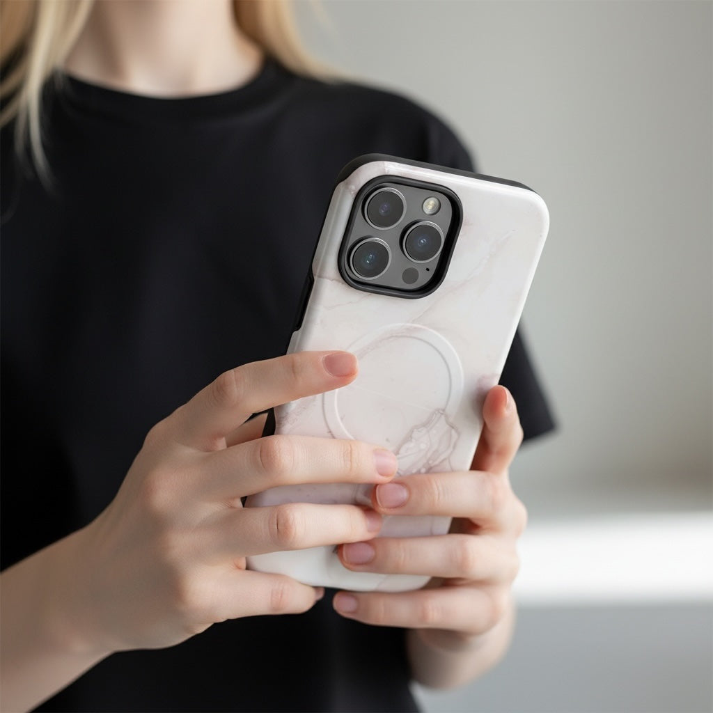 Person holding a phone with a white case against a neutral background