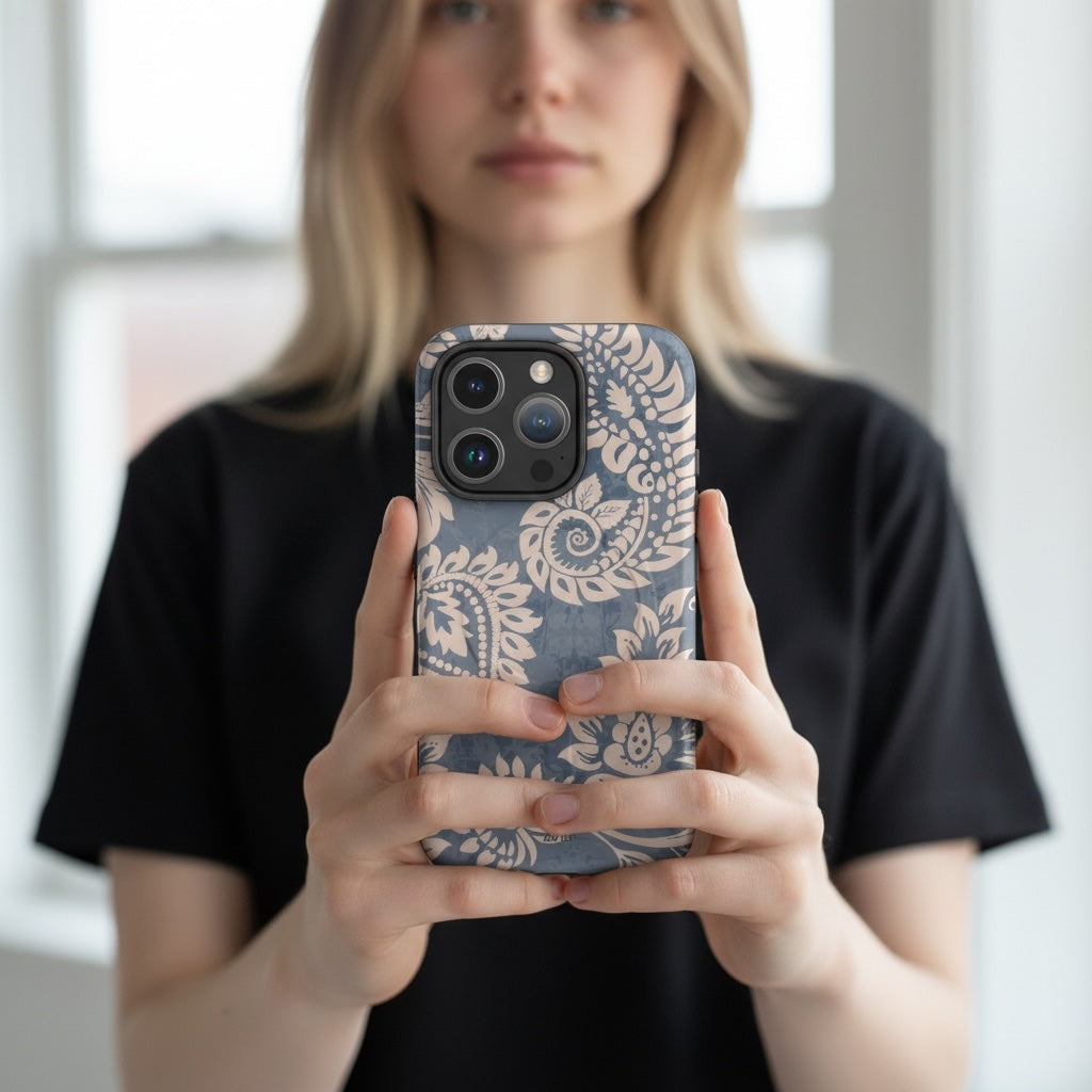Person holding a phone with a floral patterned case