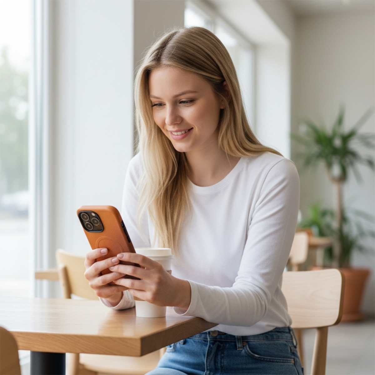 Woman using a smartphone at a table in a bright room with plants