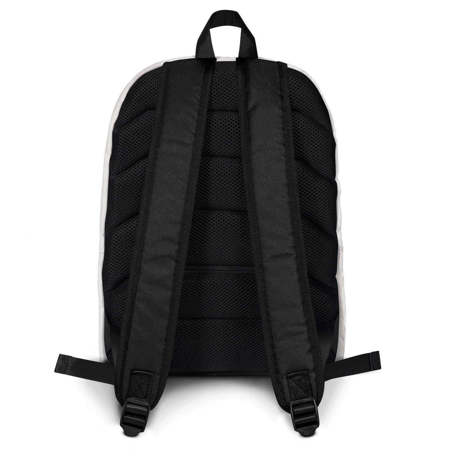 Black backpack shown from the back on a white background