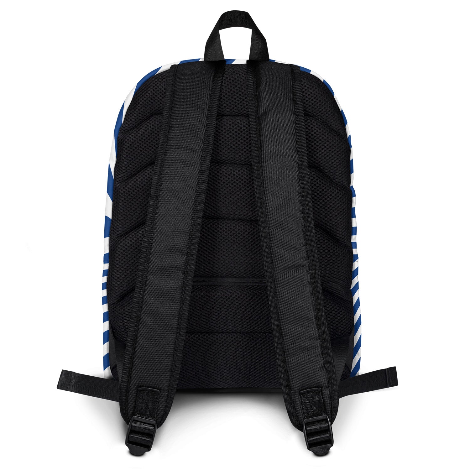 Black backpack with blue and white striped accents on a white background
