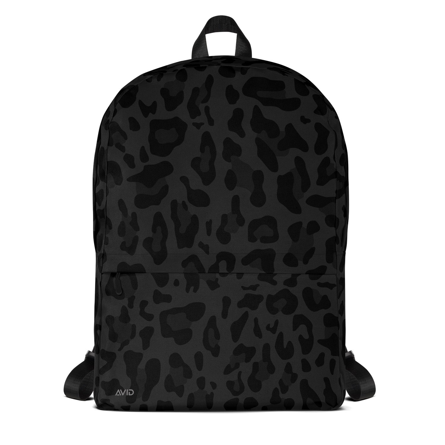 Black backpack with leopard print pattern on a white background