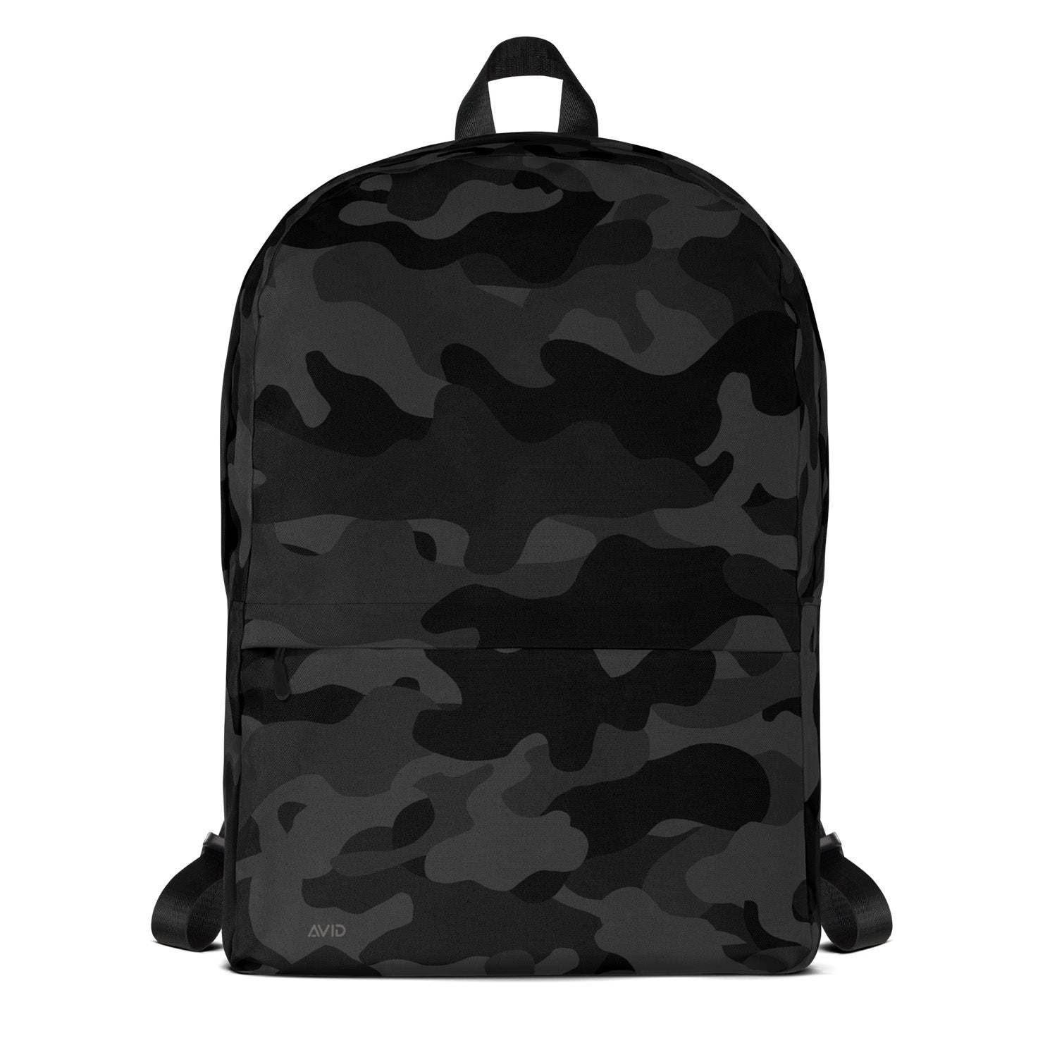 Black camouflage backpack on a white background