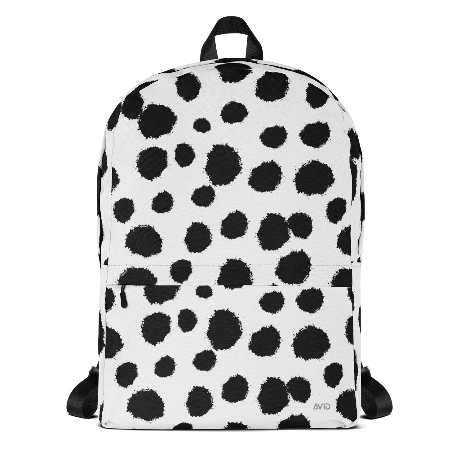 Backpack with black polka dot pattern on a white background