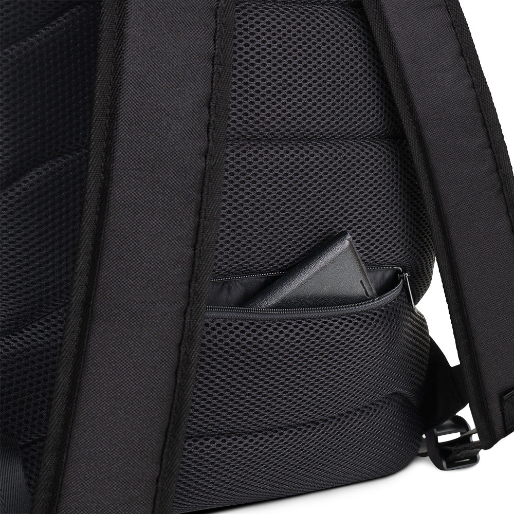Close-up of a black backpack with mesh design and pocket on a white background