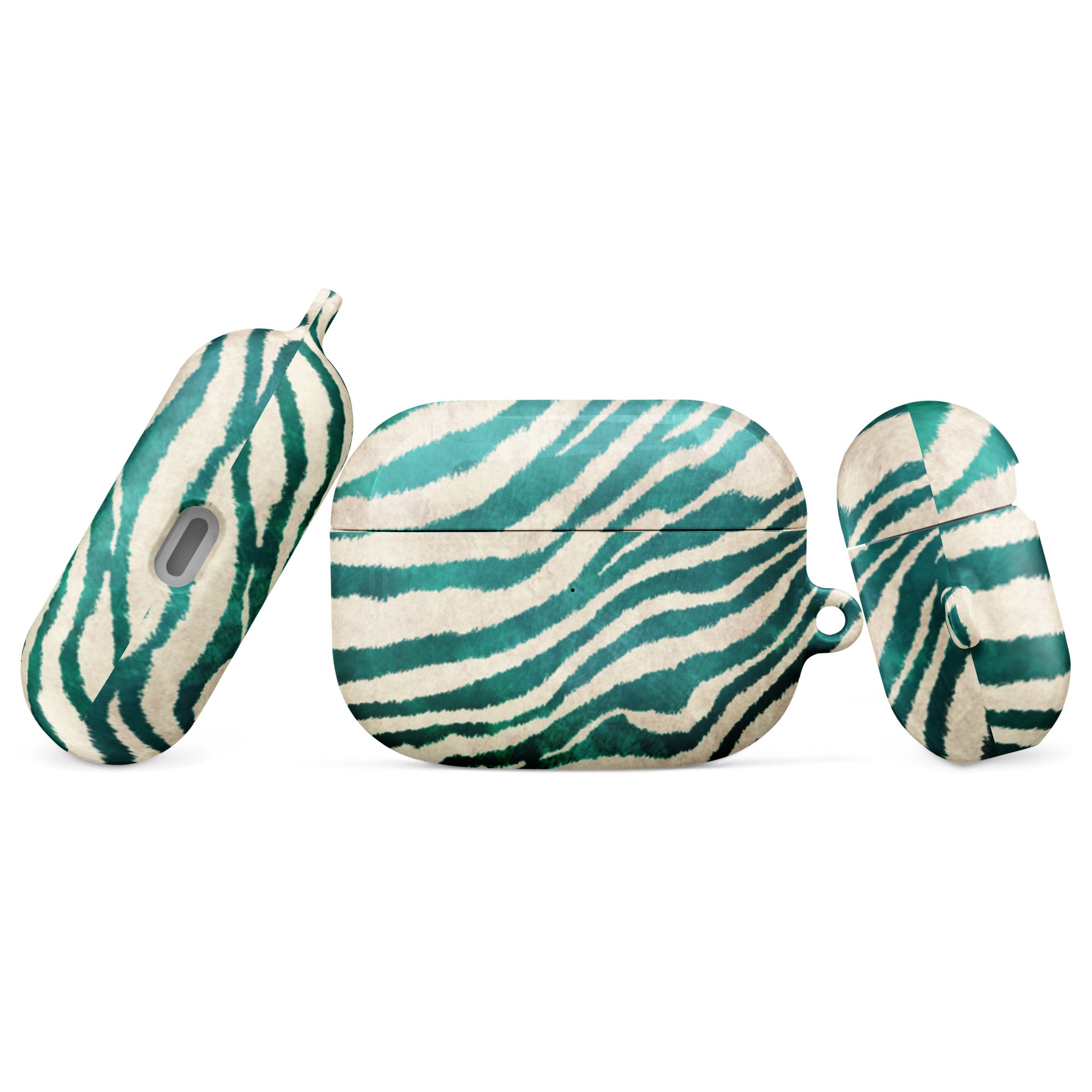 Teal and white zebra patterned case for wireless earbuds on a white background