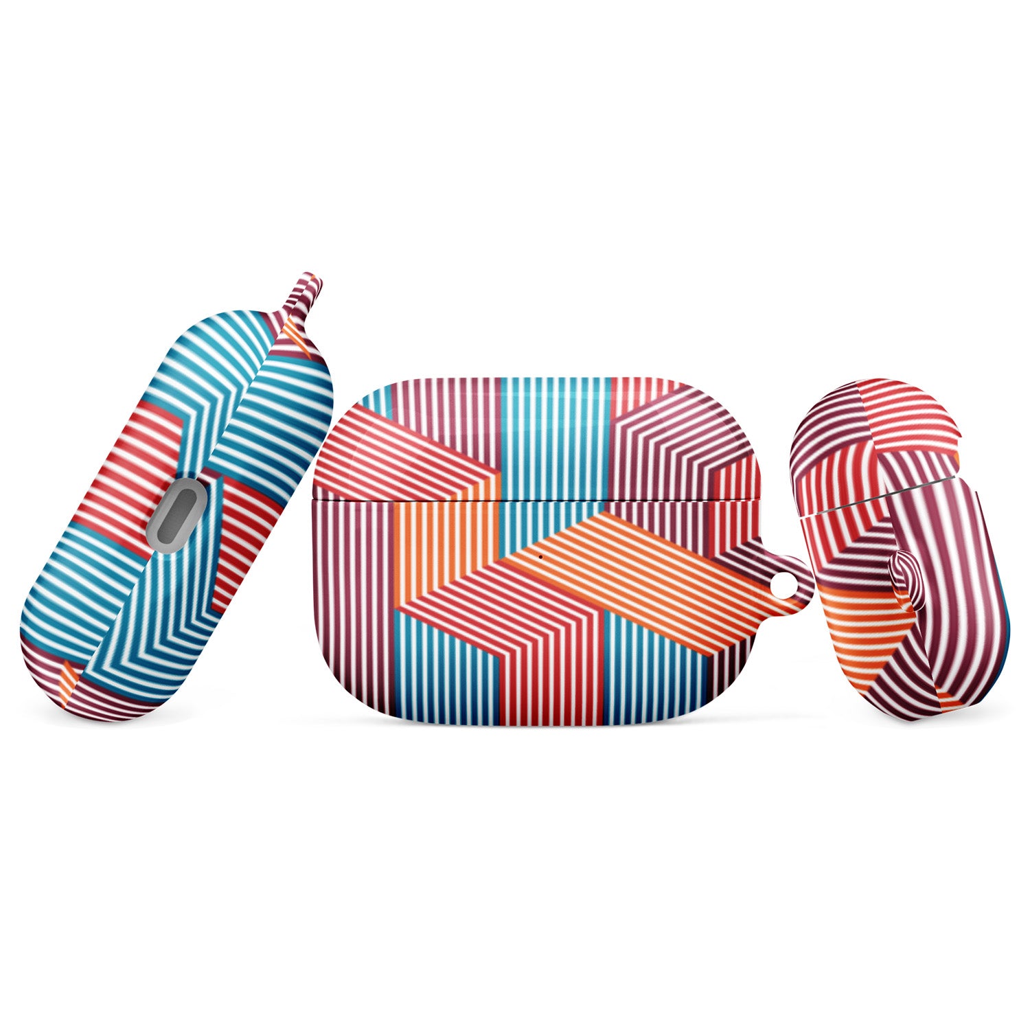 Colorful striped case and earbuds on a white background