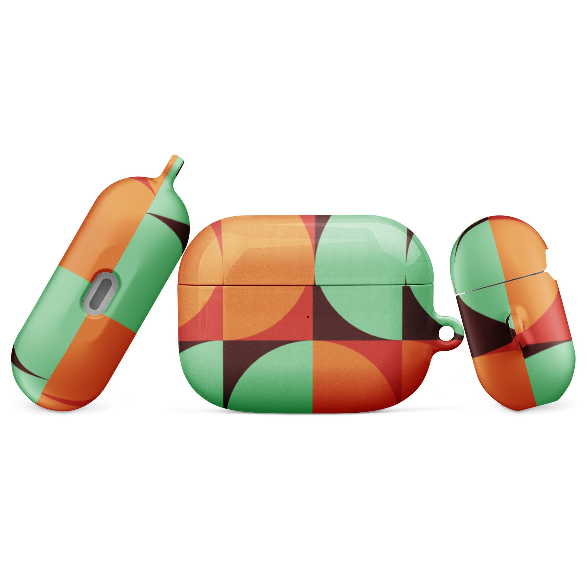 Colorful geometric-patterned case for wireless earbuds on a white background
