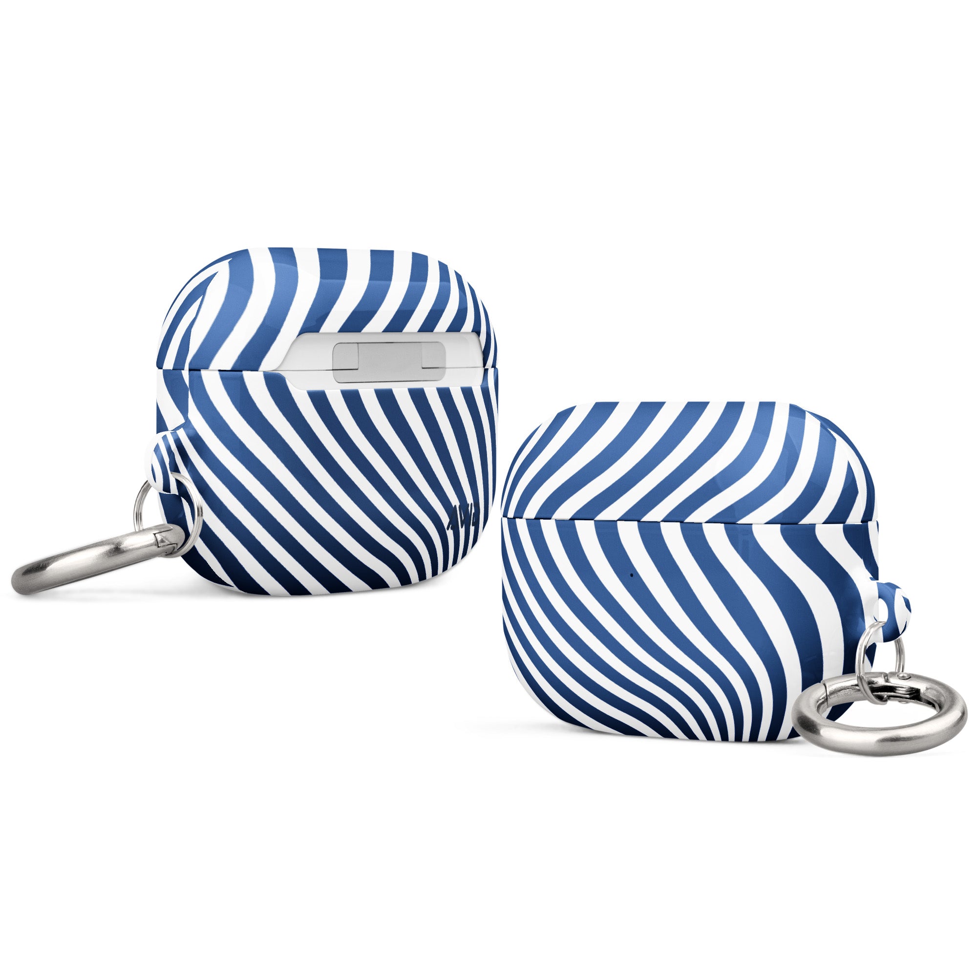 Two blue and white striped cases with keychains on a white background