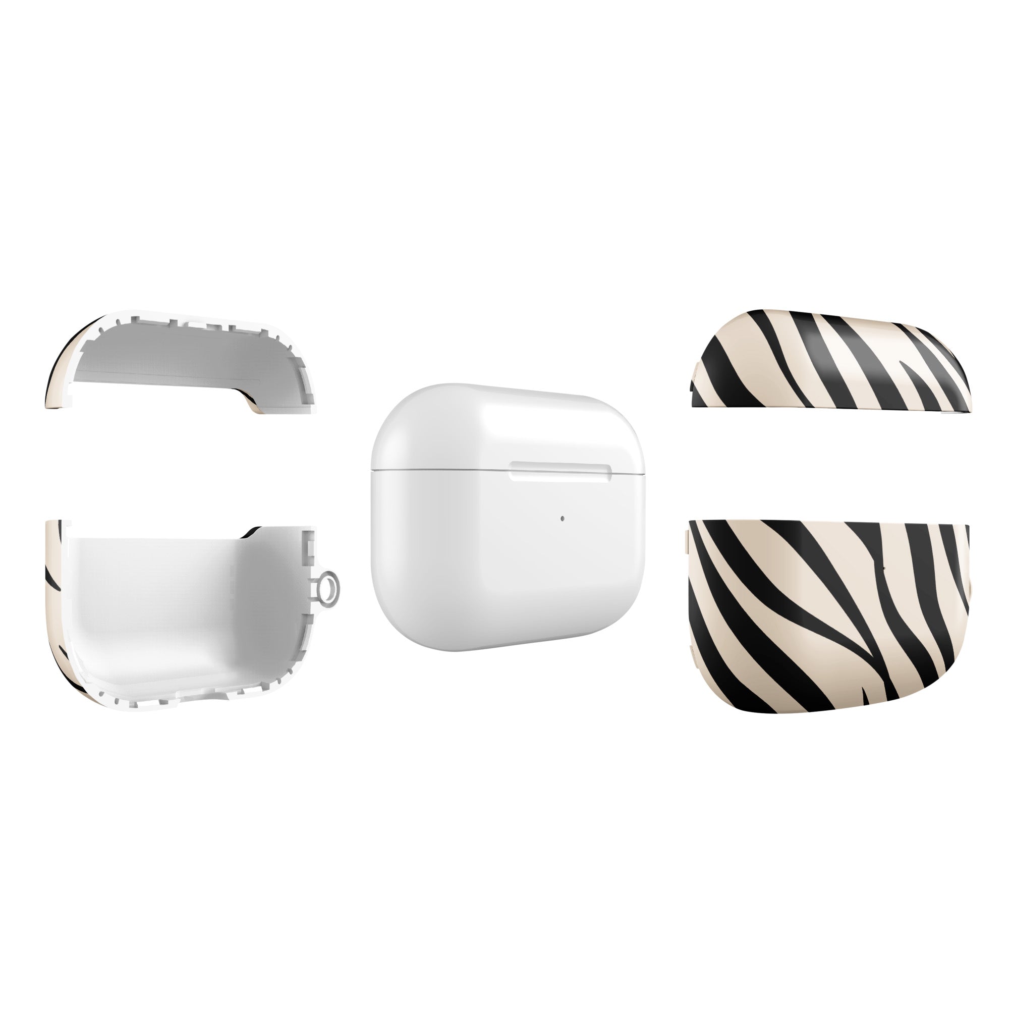 White wireless earbuds case with zebra patterned covers on a white background