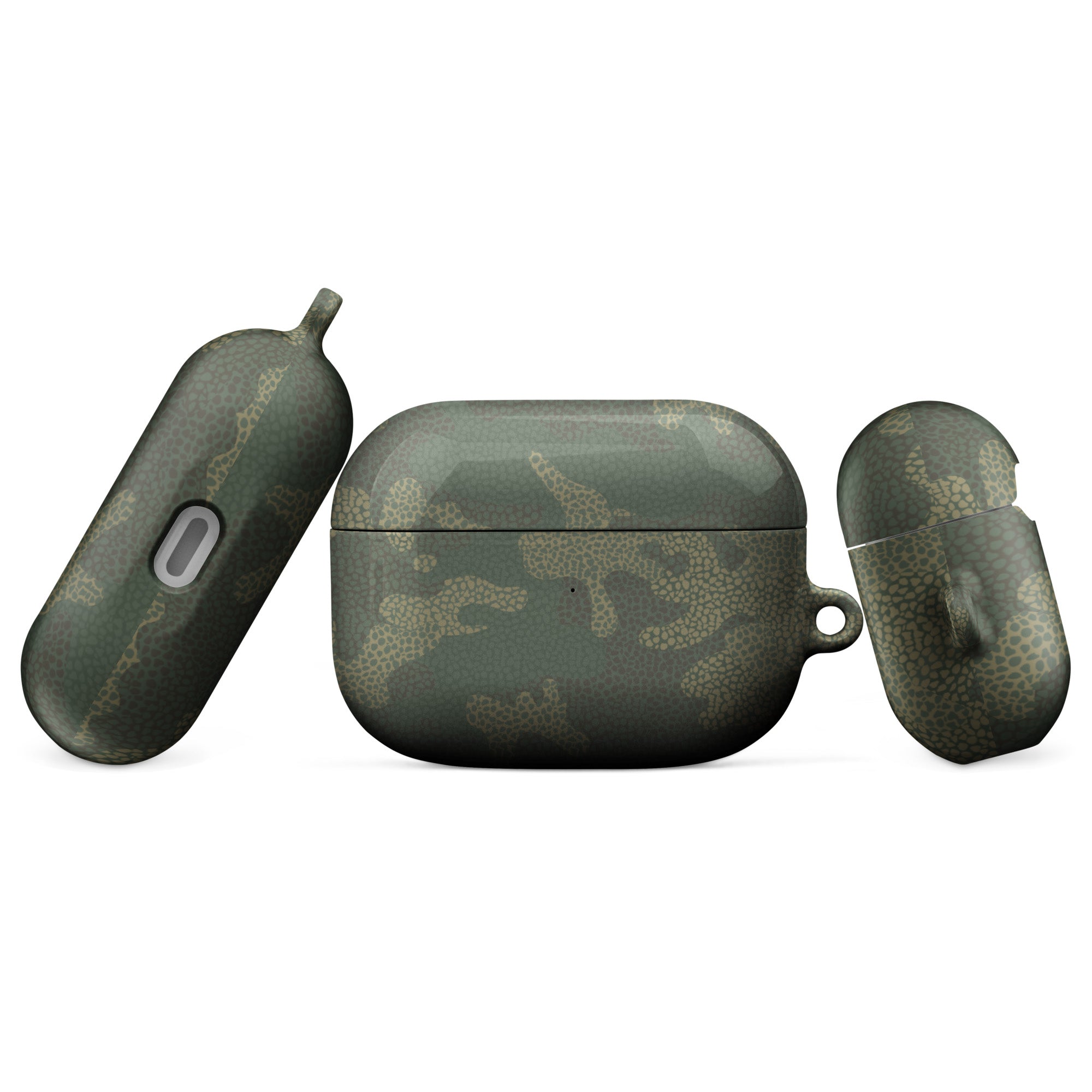 Green camouflage wireless earbuds with charging case on a white background