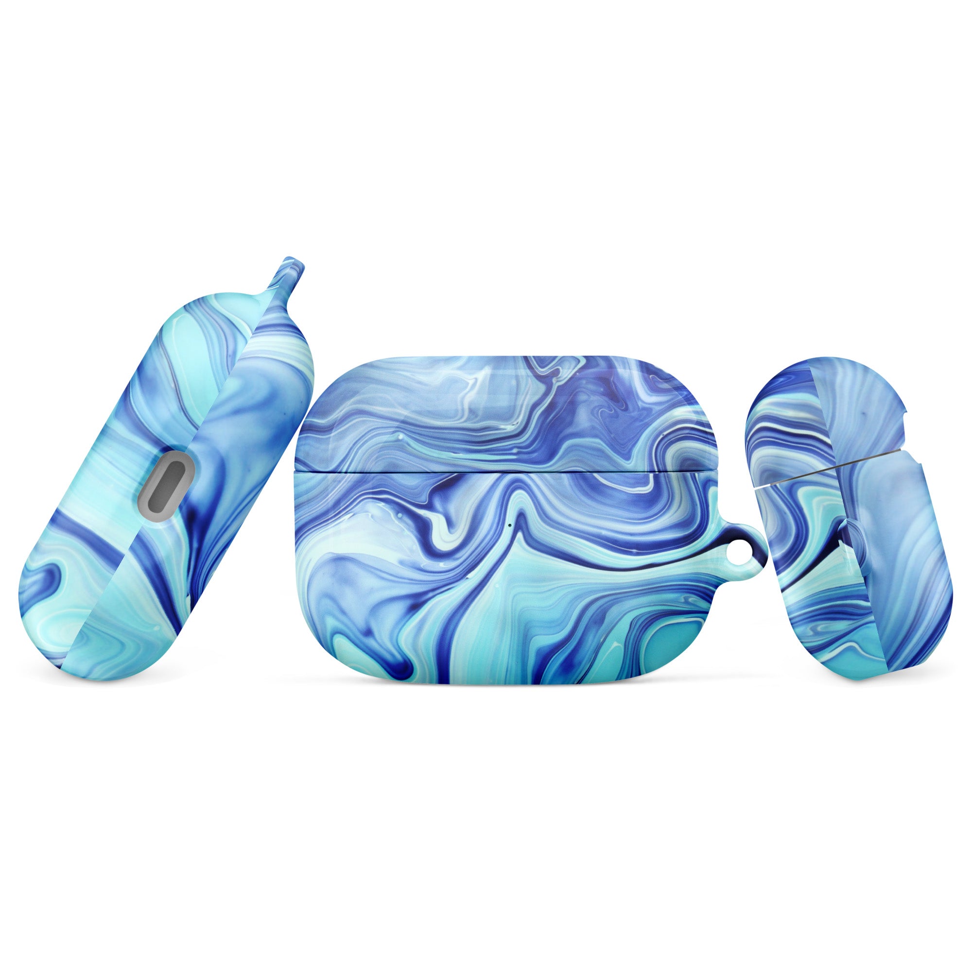 Blue and white marbled design case for wireless earbuds on a white background