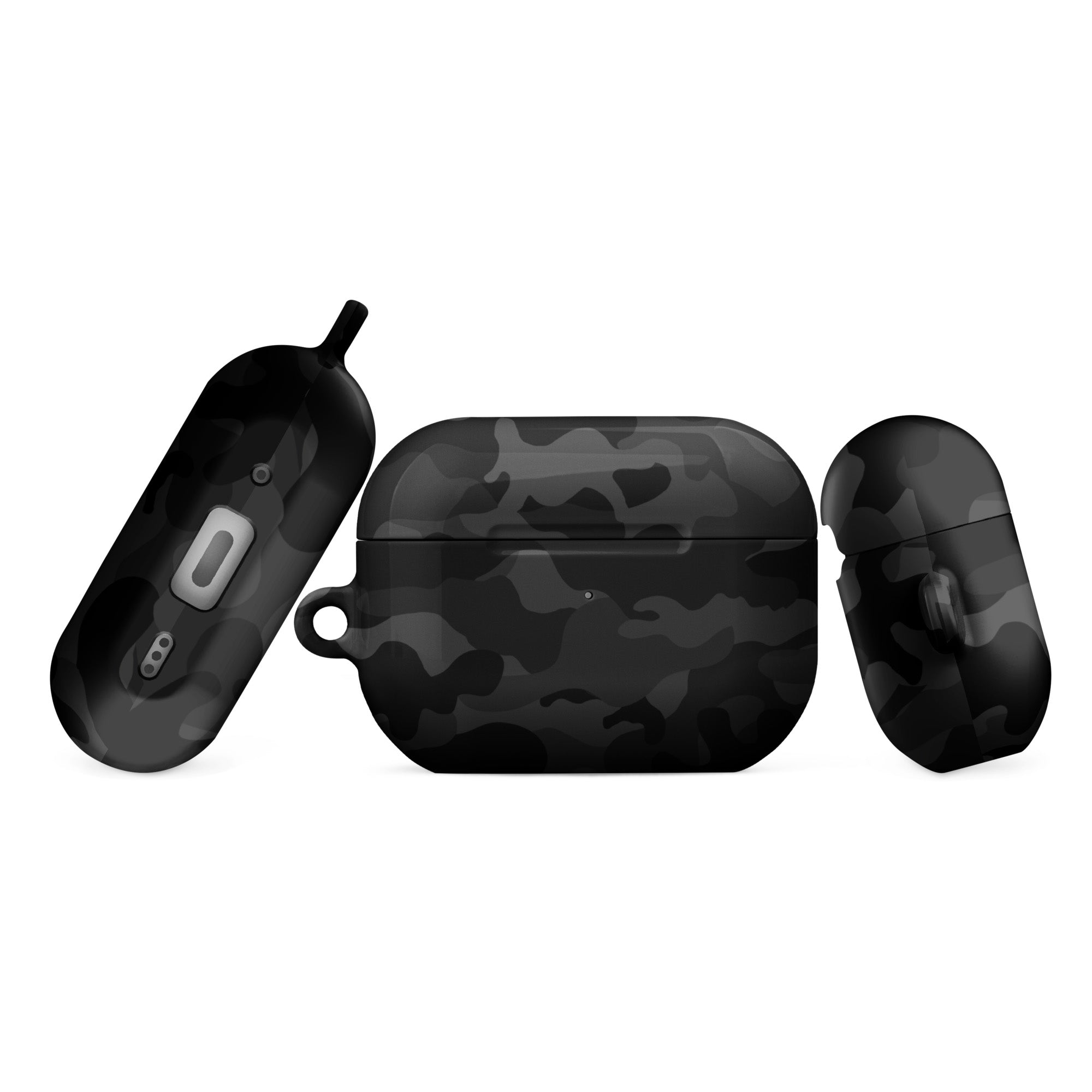 Black camouflage wireless earbuds and charging case on a white background