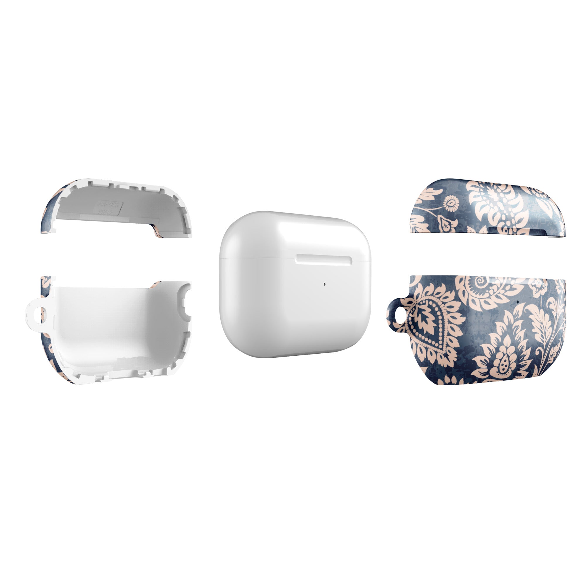 White electronic device with floral-patterned cover on a white background