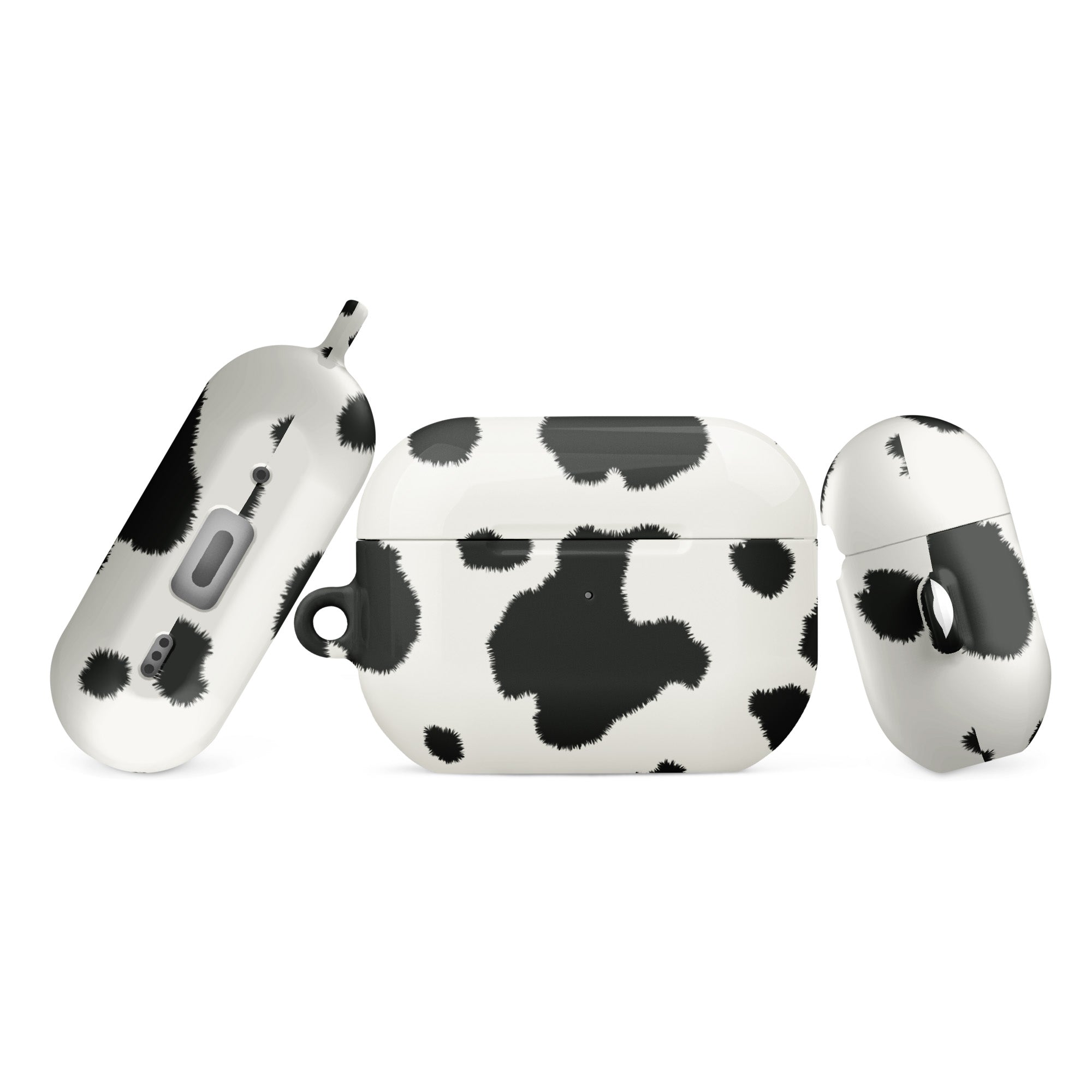 Cow print airpod case on a white background