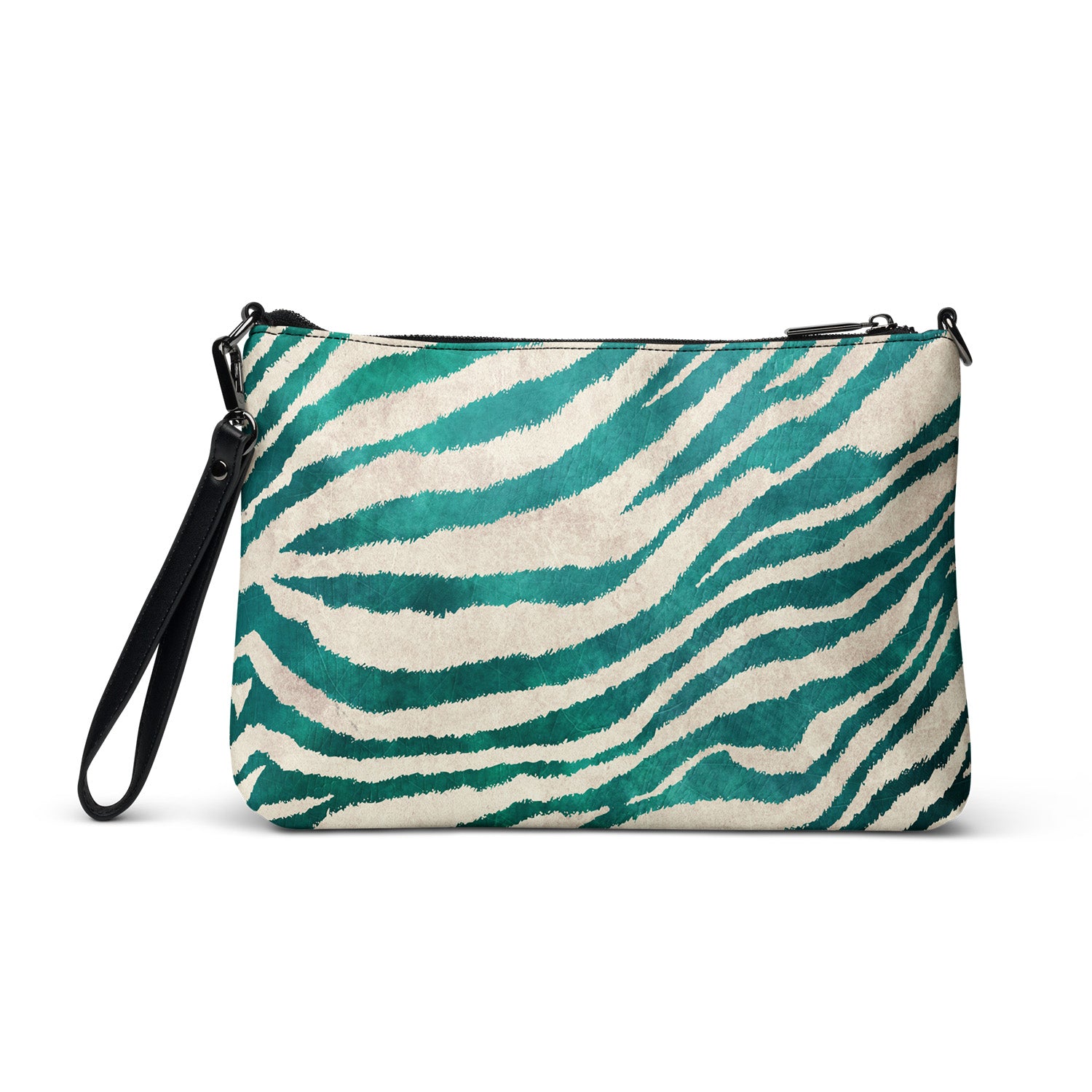 Zebra print clutch bag with a black strap on a white background