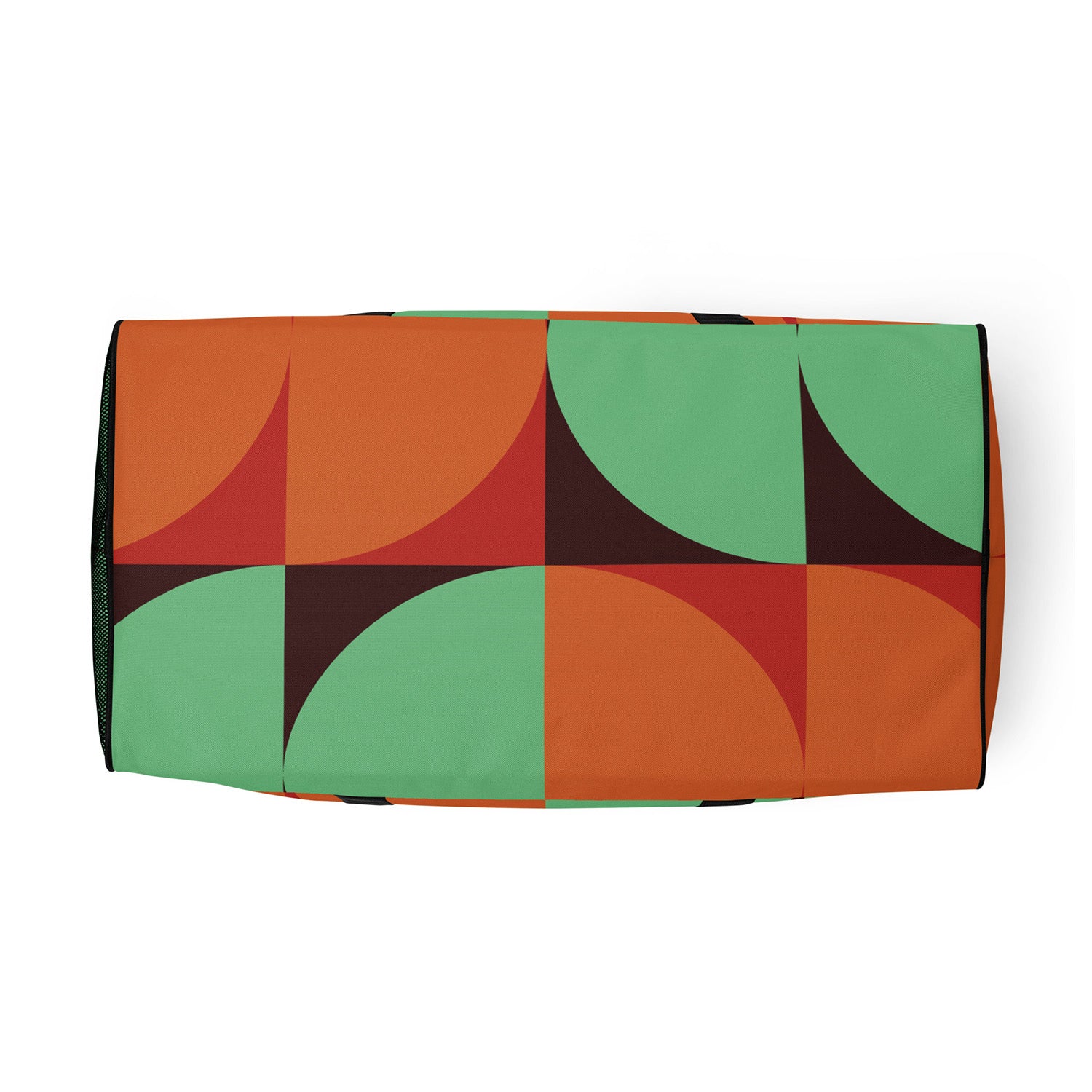 Colorful geometric patterned pouch on a white background