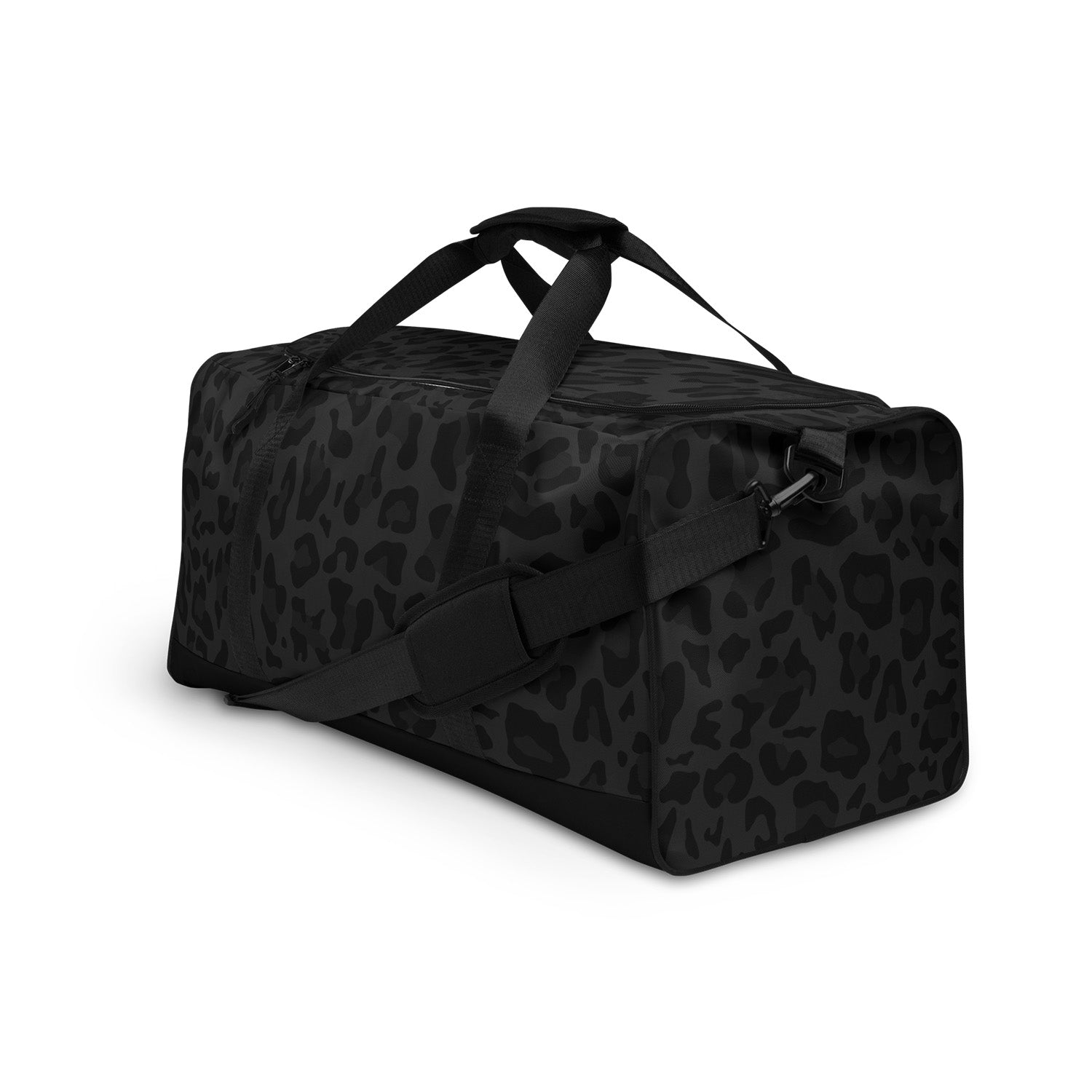 Black duffel bag with leopard print pattern on a white background