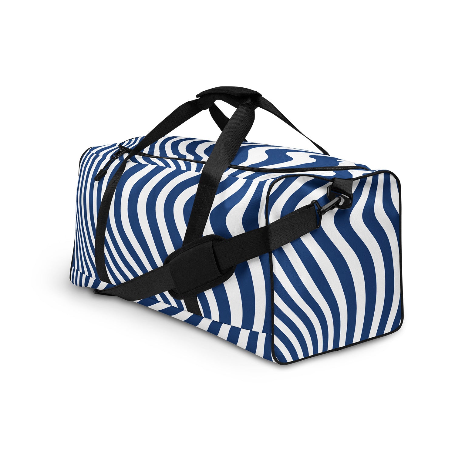 Blue and white striped duffel bag with black straps on a white background