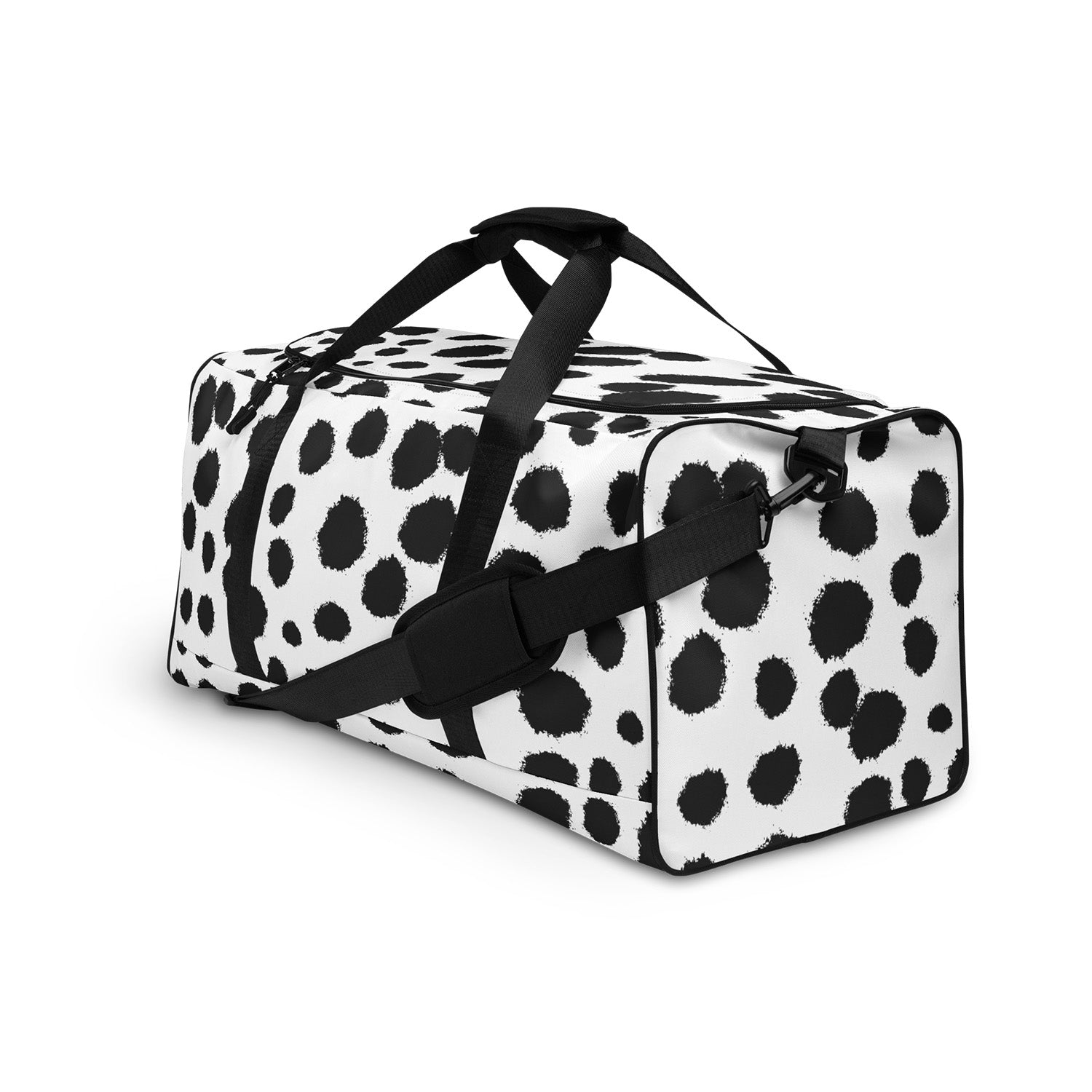 Black and white patterned duffel bag with black straps on a white background