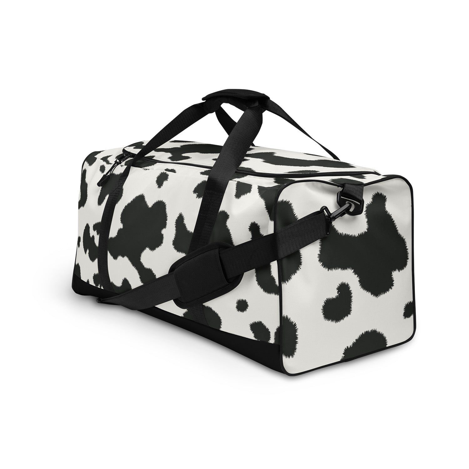 Duffle bag with black and white abstract pattern on a white background