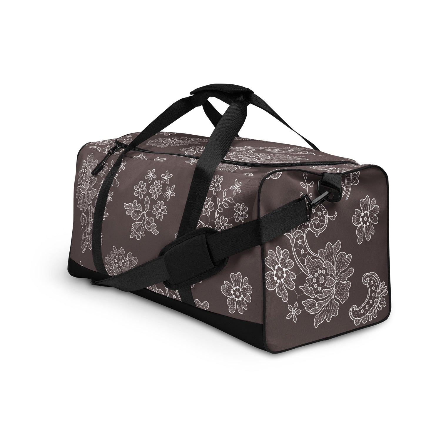 Duffle bag with floral pattern on a white background
