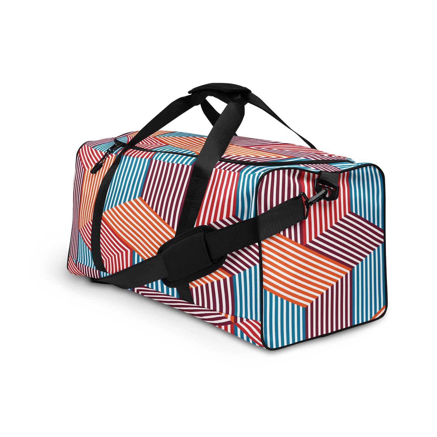 Colorful geometric patterned duffel bag with black straps on a white background