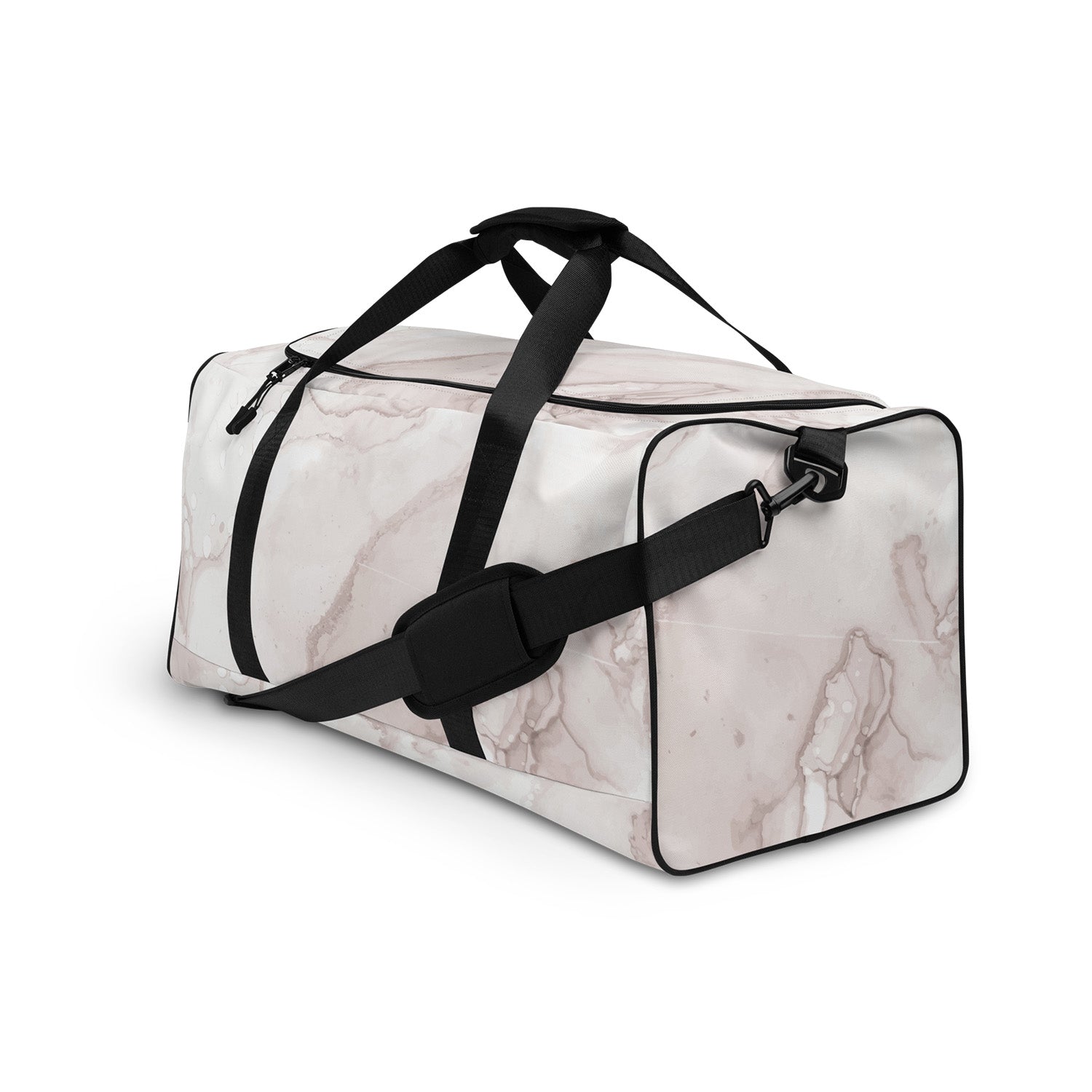 Marble-patterned duffel bag with black straps on a white background